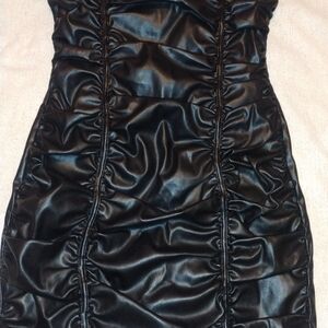superdown Black Ruched Faux Leather Mini Dress
